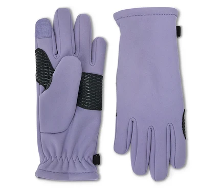 Ein Paar lavendelfarbene Handschuhe, wobei ein Handschuh auf der Handfläche und der andere auf dem Handrücken liegt.
