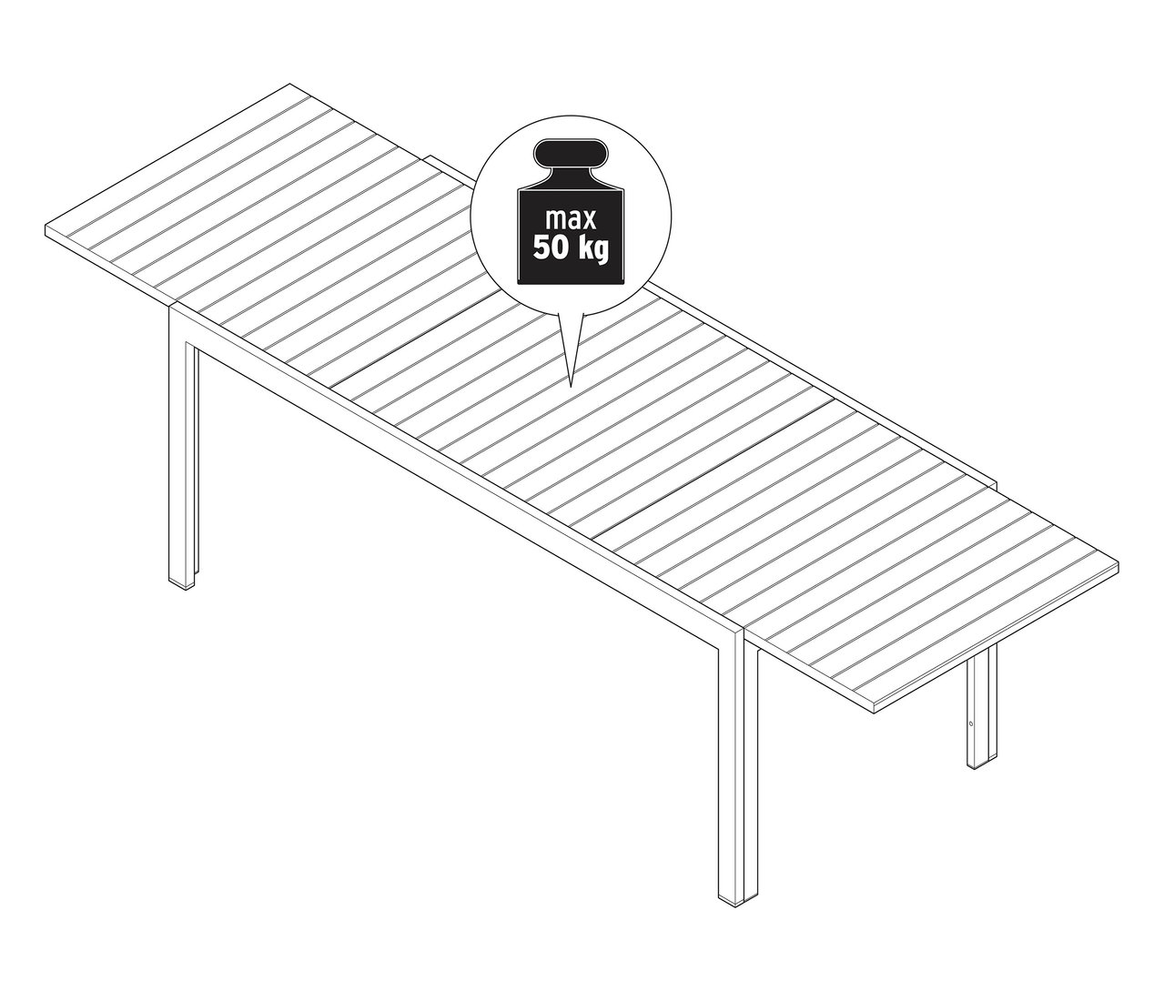 Draufsicht auf einen ausziehbaren Gartentisch aus Aluminium »Liska«, ca. 200-300 cm, mit einer Gewichtsangabe von maximal 50 kg.