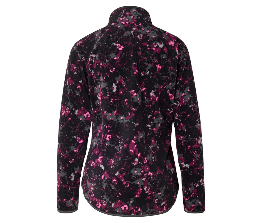 Rückansicht einer Fleecejacke mit durchgehendem Muster in Schwarz, Pink und Grau.