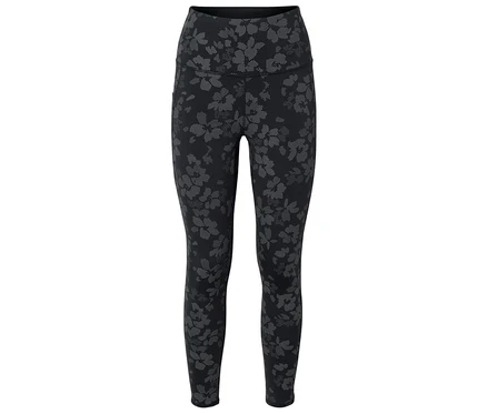 Schwarze Leggings mit hohem Bund und grauem Blumenmuster.