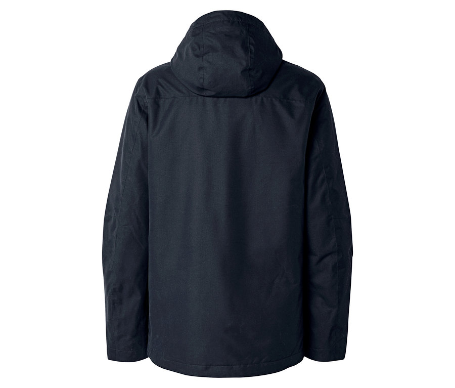 Dunkelblaue Jacke mit Kapuze, Rückansicht.