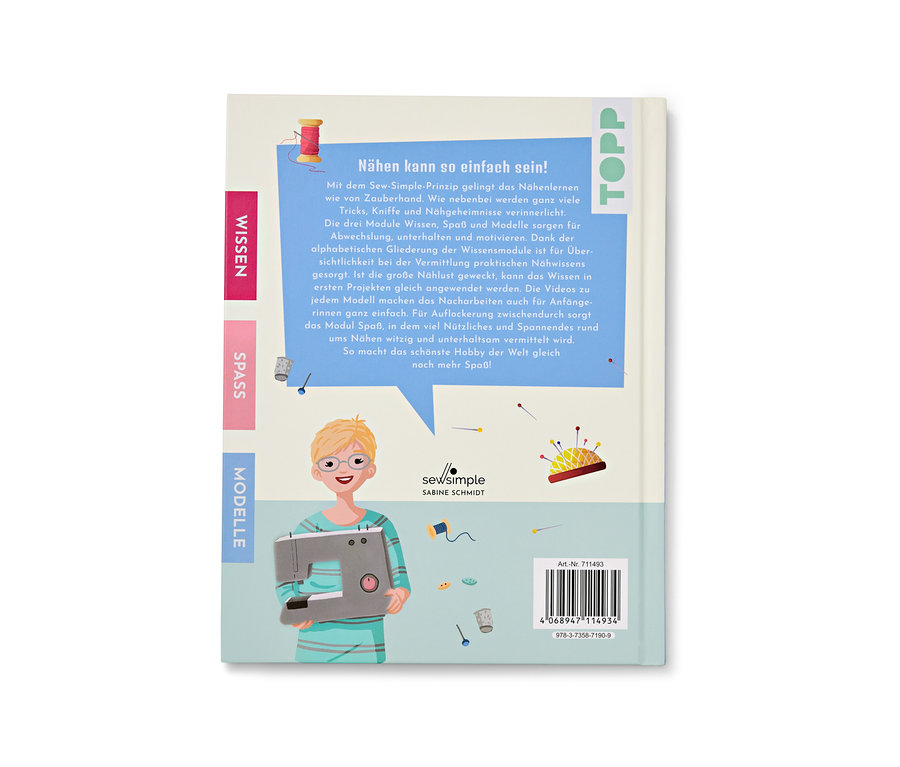 Das Buch "Näh doch einfach" vor hellem Hintergrund. Auf dem Umschlag ist eine Frau abgebildet, die an einer Nähmaschine näht.