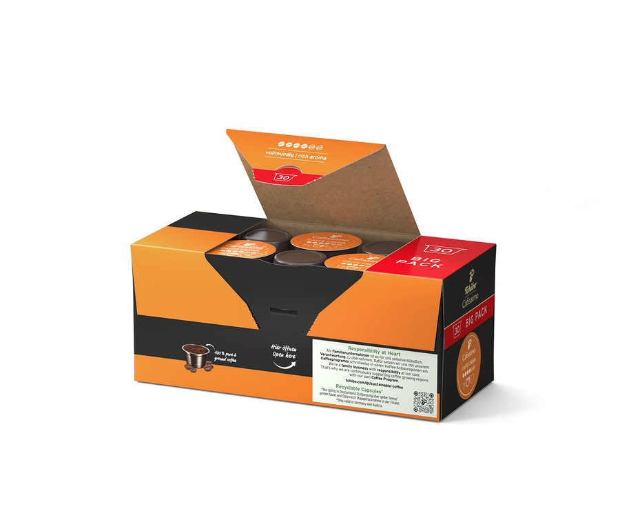 Geöffnete Packung Cafissimo Caffè Crema vollmundig mit 30 und 120 Kapseln.