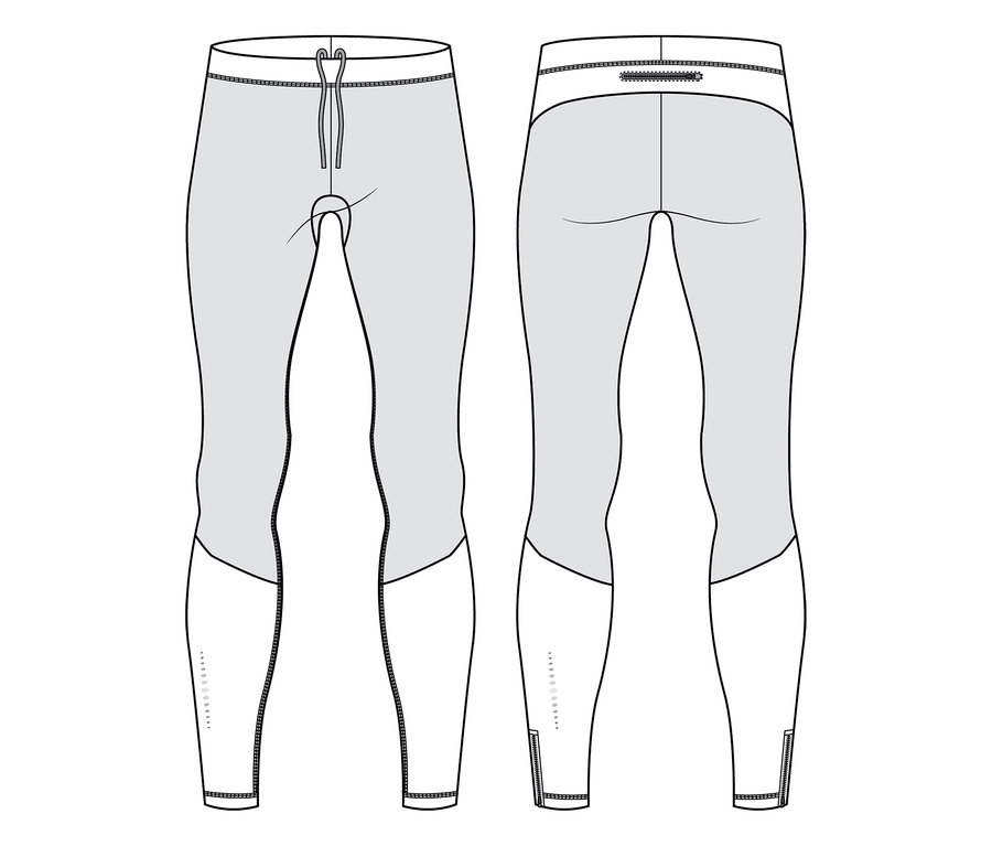 Technische Zeichnung einer Sportleggings, Vorder- und Rückansicht. Die Leggings ist hauptsächlich grau mit weißen Einsätzen an den Unterschenkeln. Die Vorderansicht zeigt einen weißen Bund mit Kordelzug. Die Rückansicht hat einen weißen Bund mit einer kleinen Reißverschlusstasche und Reißverschlüsse an den Knöcheln. Beide unteren weißen Einsätze haben kleine reflektierende Punkte.