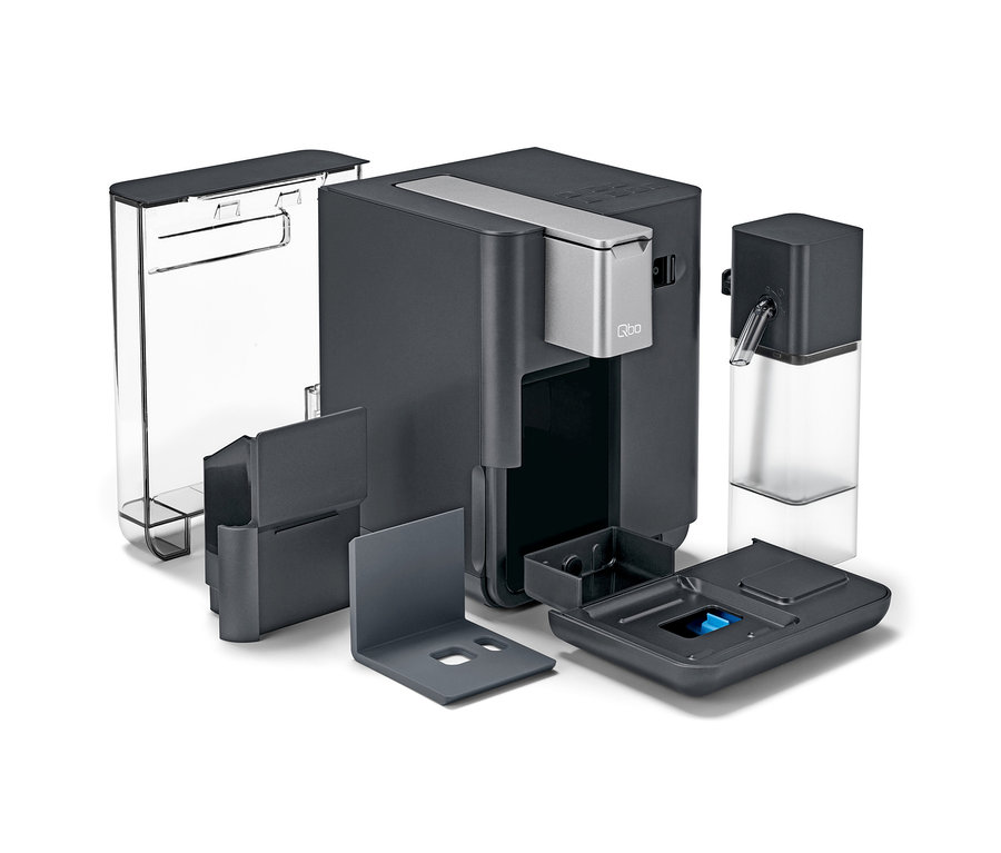 Eine auseinandergebaute Qbo MILK MASTER Gentle Grey Kaffeemaschine.