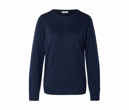 Dunkelblauer Langarm-Pullover mit Rundhalsausschnitt und Rippbündchen, auf weißem Hintergrund.