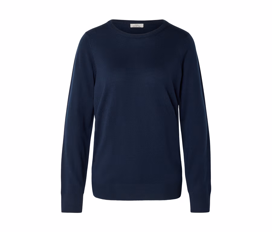 Dunkelblauer Langarm-Pullover mit Rundhalsausschnitt und Rippbündchen, auf weißem Hintergrund.