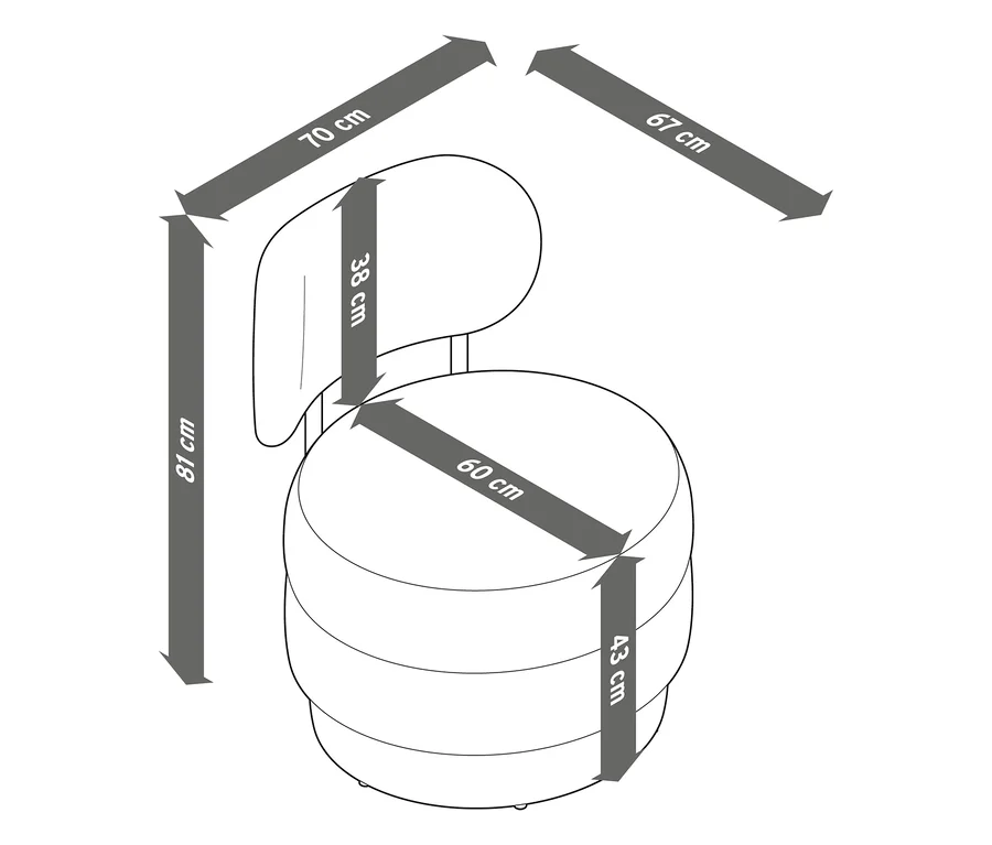 Maßzeichnung eines Sessels mit einer Gesamthöhe von 81 cm, Sitzhöhe 43 cm, Sitzbreite 60 cm, Rückenlehnenhöhe 38 cm, Gesamtbreite 70 cm und Gesamttiefe 67 cm.