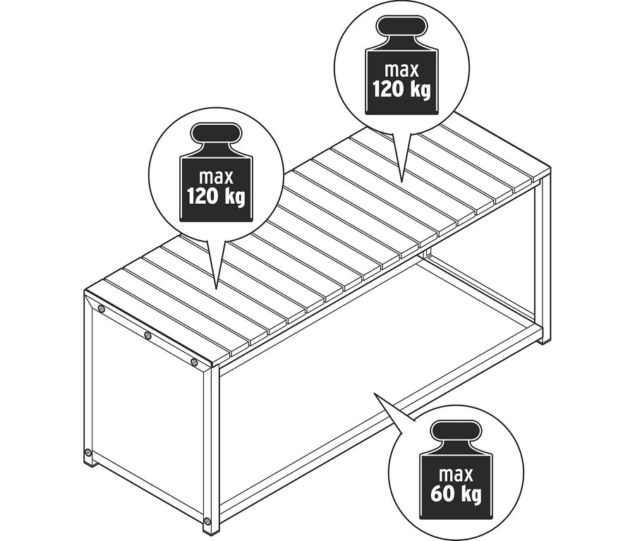 Strichzeichnung einer Kaminholzbank, 110 cm, mit einer Lattenrost-Oberfläche, die eine maximale Belastung von 120 kg trägt, und einem offenen unteren Fach für maximal 60 kg.