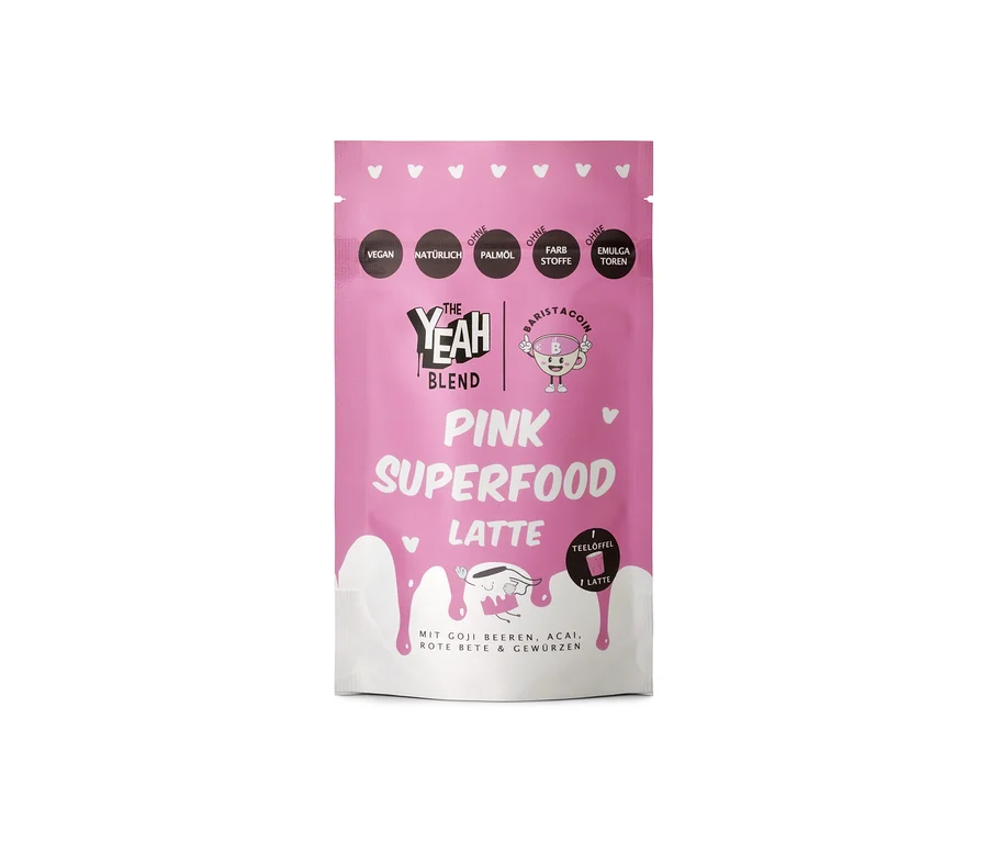 Rosa Standbeutel THE YEAH BLEND Pink Superfood Latte 100g, vegan, natürlich, ohne Palmöl, Farbstoffe und Emulgatoren, mit Gojibeeren, Acai, Roter Bete und Gewürzen.