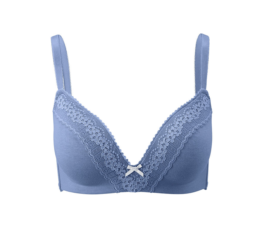 Blauer Softschalen-BH mit Spitzenbesatz.