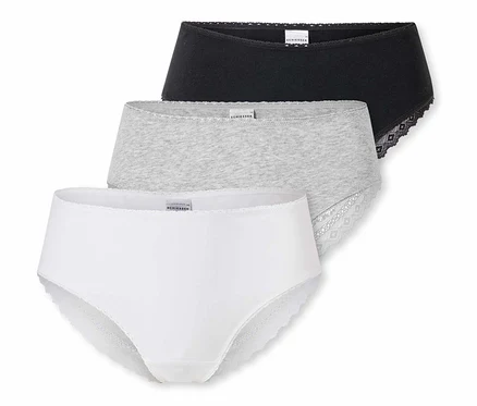 Drei SCHIESSER Brazilian-Slips, schwarz, weiß und grau meliert, liegen übereinander.