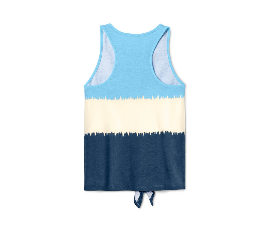 Rückansicht von einem Tanktop mit blauem, cremefarbenem und marineblauem Streifenmuster und einem Knoten in der Taille. 2 Tops.