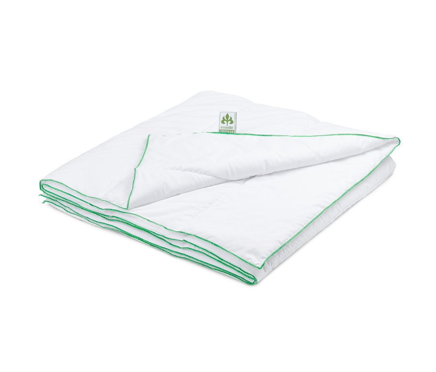 Zusammengelegte, weiße irisette® greenline Bettinlay mit grüner Bordüre.