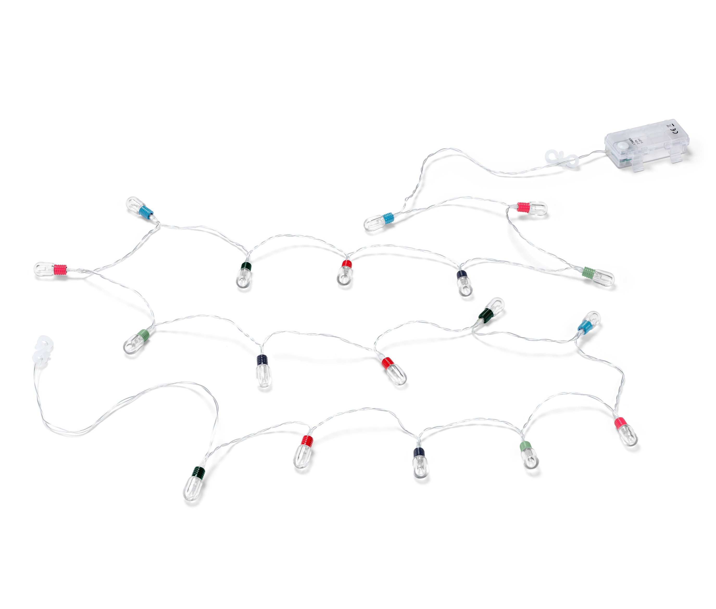 Eine bunte LED-Lichterkette mit Mini-Glühbirnen auf weißem Hintergrund.
