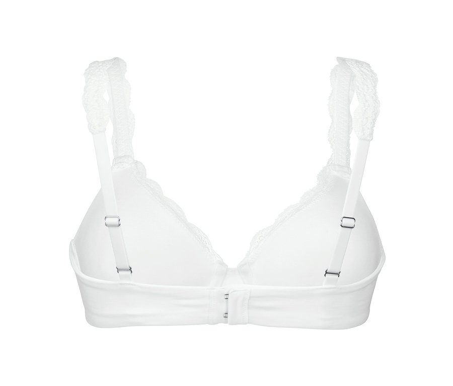 Detailansicht von Rückseite eines weißen Bügel-BHs.