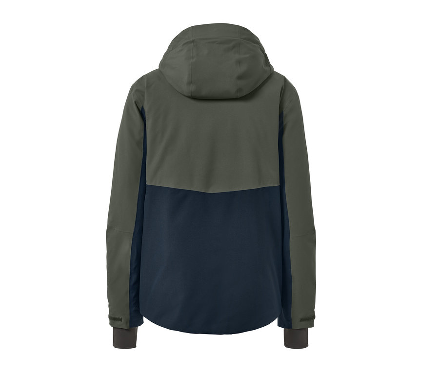 Khakifarbene Skijacke von hinten.