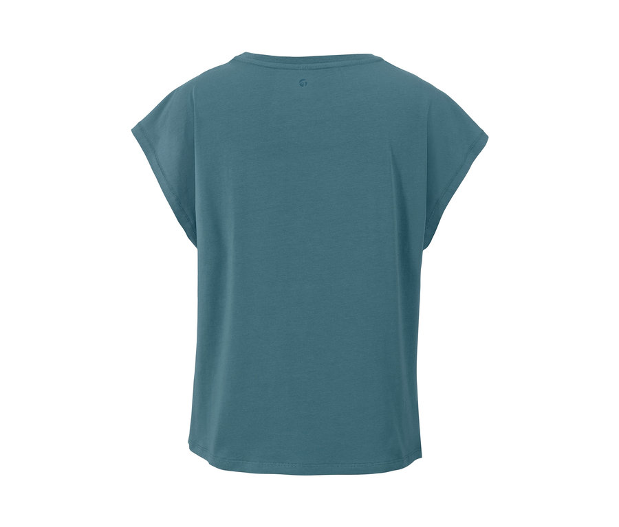 Detailansicht der Rückseite eines smaragdgrünen Sportshirts.