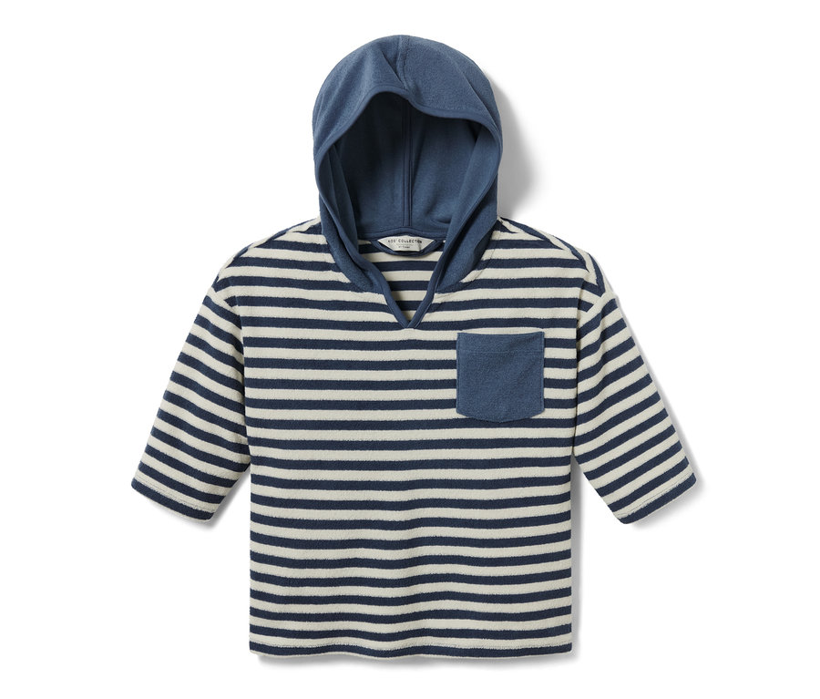 Gestreiftes Kinder-Frottier-Shirt mit Kapuze und Brusttasche.