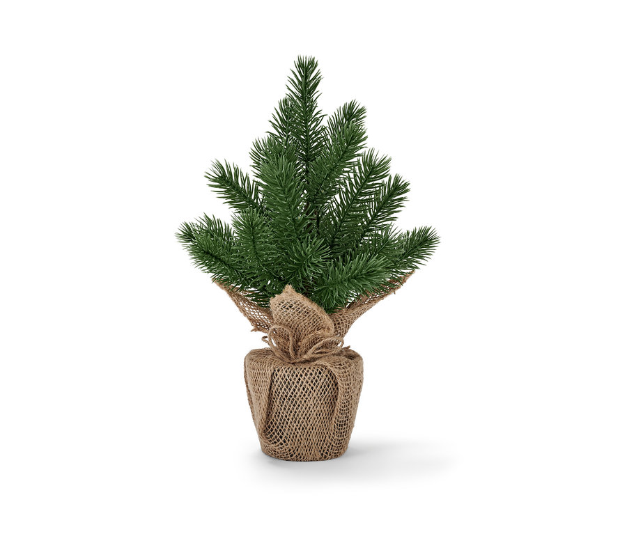Ein mittelgroßer LED-Tannenbaum in Juteverpackung.