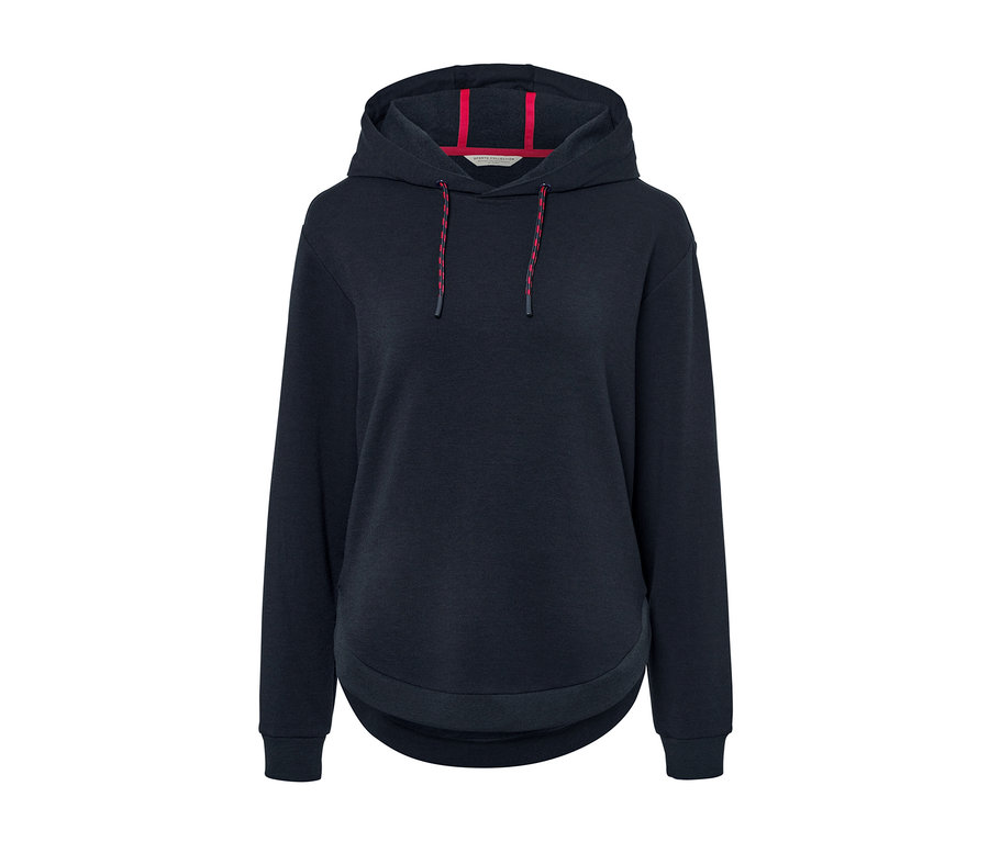 Dunkelblauer Kapuzen-Sweatpullover.