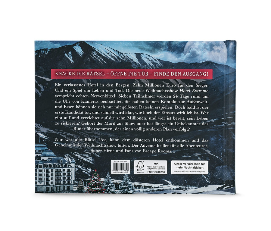 Rückseite des Escape-Room-Adventskalenderbuchs „Das Hotel der tausend Augen“ mit verschneiten Bergen und Hotel.