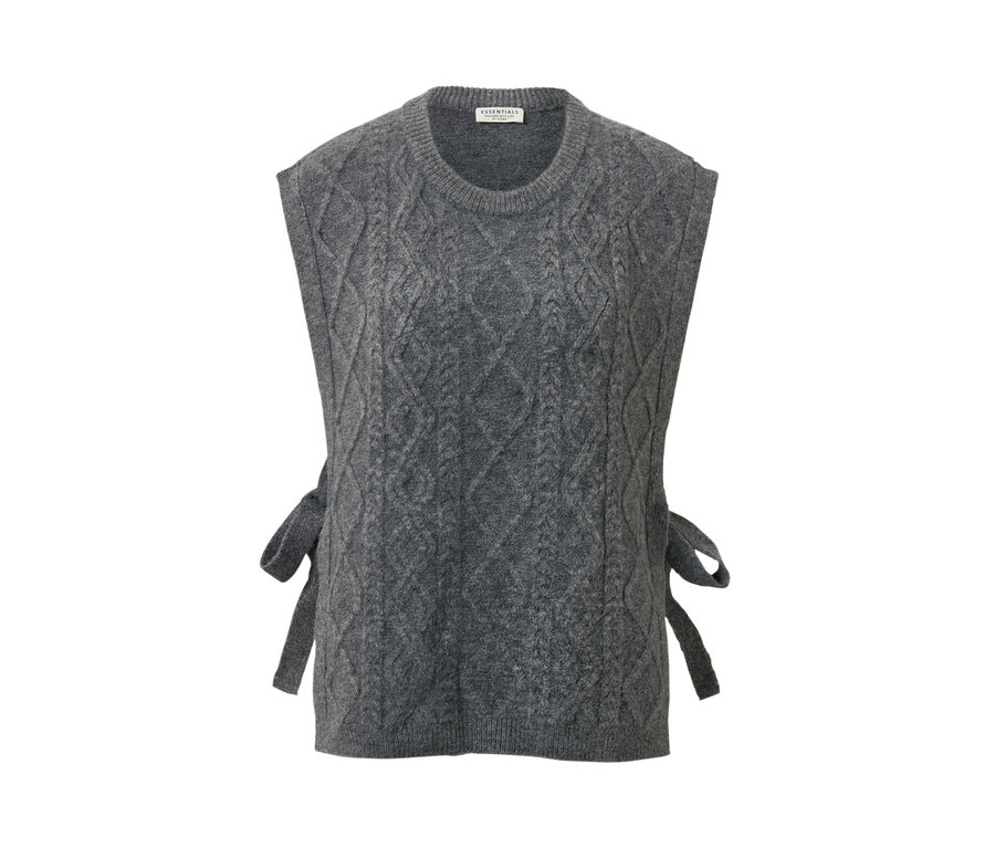 Grauer Strick-Pullunder mit Bindebändern.