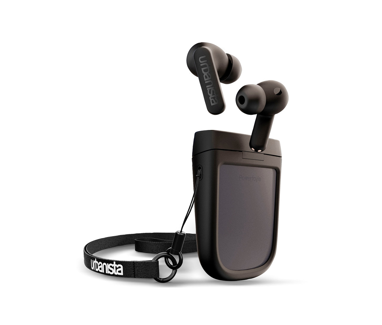 Schwarze Urbanista Phoenix In-Ear Kopfhörer mit Ladecase und Trageband.