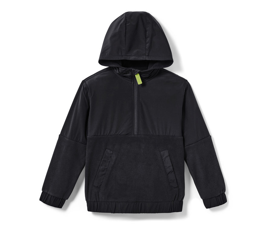 Schwarzer Kinder-Fleecesweater mit Kapuze und Kängurutasche.