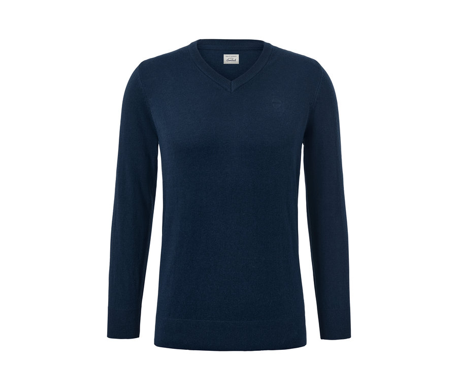 Navy Pullover mit V-Ausschnitt.