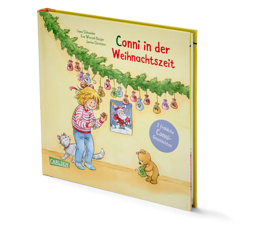 Ein illustriertes Kinderbuch mit dem Titel „Conni in der Weihnachtszeit“ zeigt ein gezeichnetes Mädchen, eine Katze und einen Teddybären in einer weihnachtlichen Umgebung.