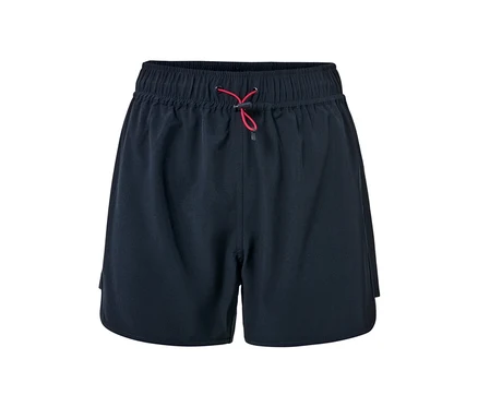 Dunkelblaue Badeshorts mit rotem Kordelzug.