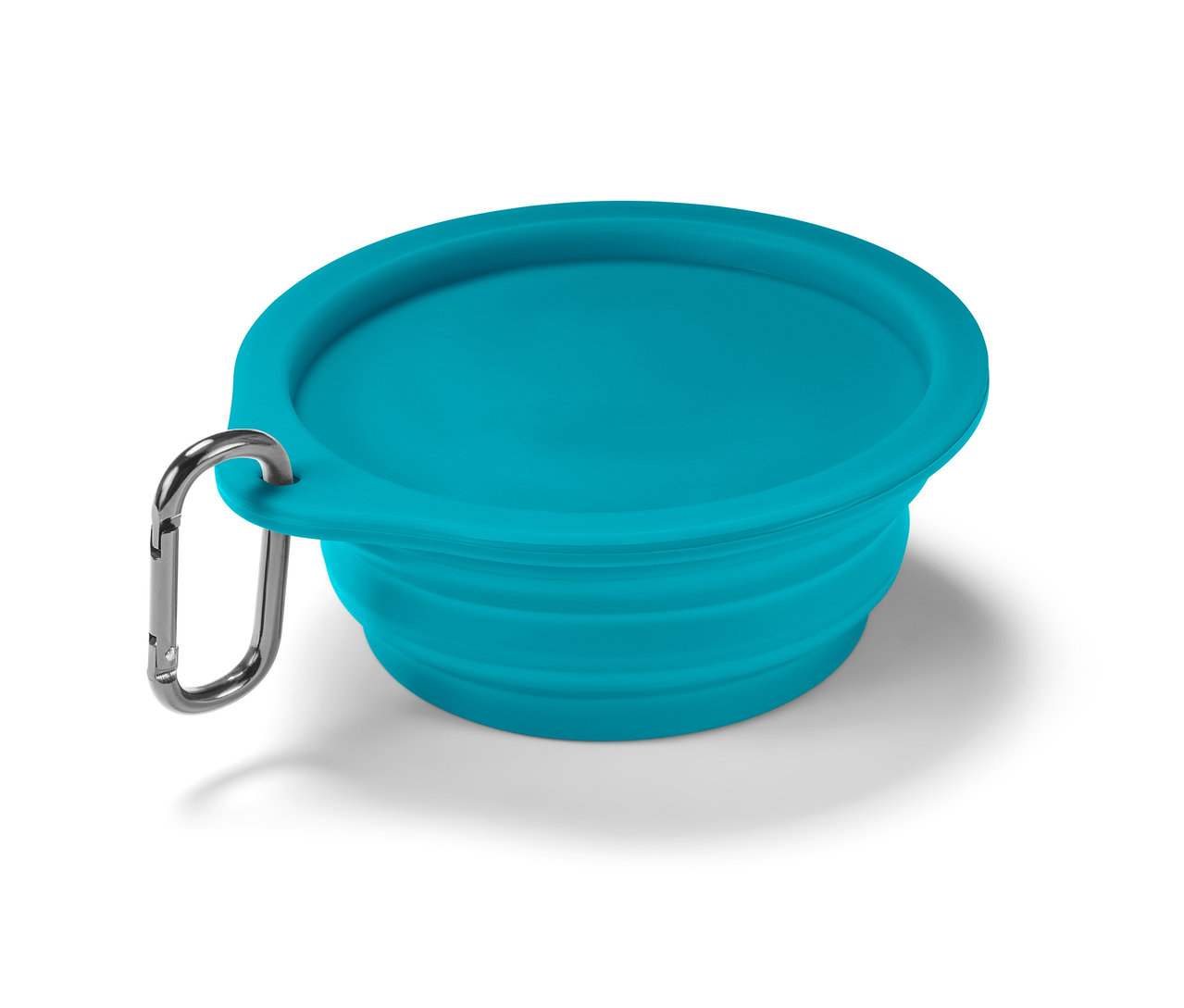 Türkiser, faltbarer Fressnapf mit Karabiner.