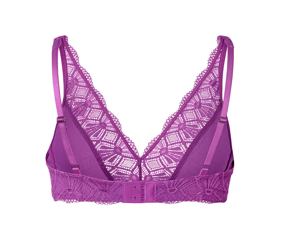 Nahaufnahme eines lila Soft-BHs mit Spitze, Rückansicht.
