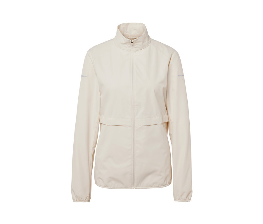 Cremefarbene Windprotection-Laufjacke mit Reißverschluss vorne.