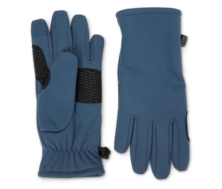 Zwei blaue Handschuhe mit schwarzen Details auf weißem Hintergrund.