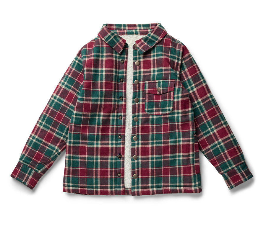 Ausgebreitetes, langärmeliges Hemd mit Karomuster in Grün, Rot und Beige.