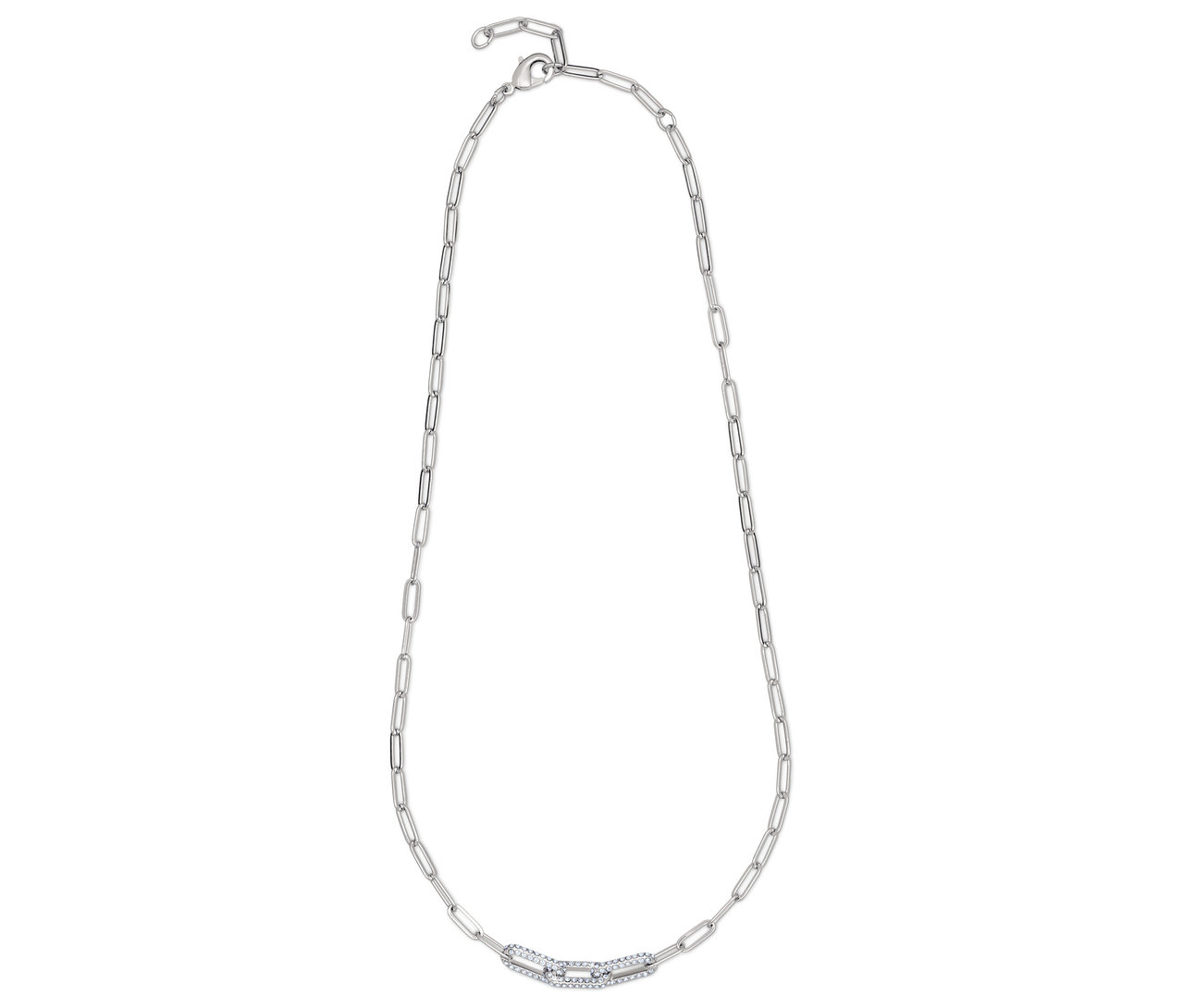 Silberne Halskette mit rechteckigen Gliedern und dekorativem Mittelteil.