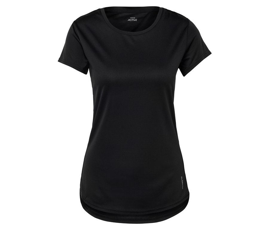 Schwarzes, kurzärmeliges Sport-T-Shirt auf weißem Hintergrund.