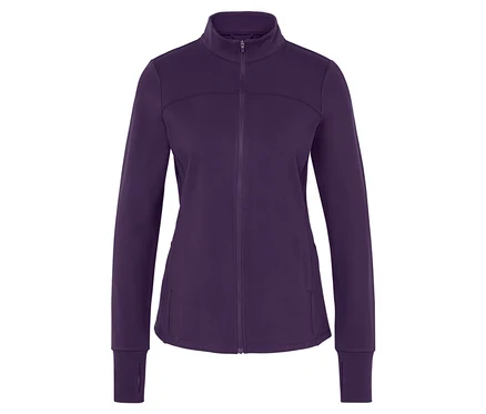 Lila Sportjacke mit langem Ärmel und Reißverschluss.