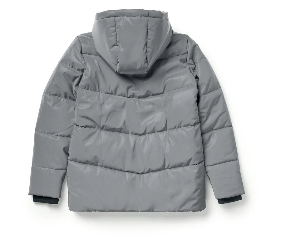 Graue, gesteppte Kinderjacke mit Kapuze von hinten.