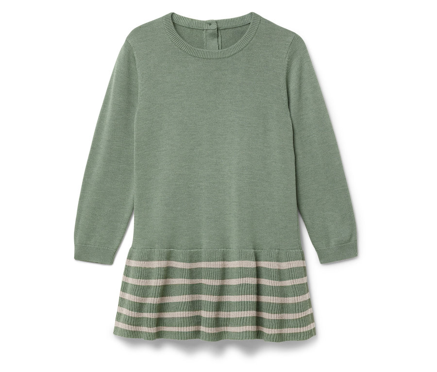 Grünes Strickkleid mit langen Ärmeln und einem gestreiften Rock.