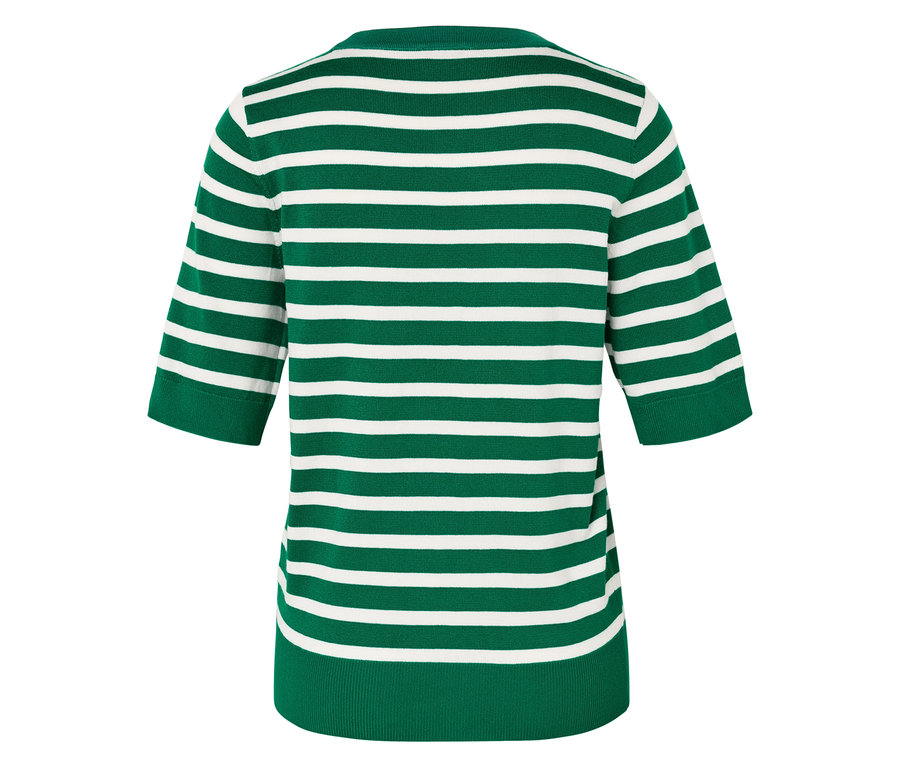Rückansicht eines grünen Pullovers mit weißen horizontalen Streifen und kurzen Ärmeln.