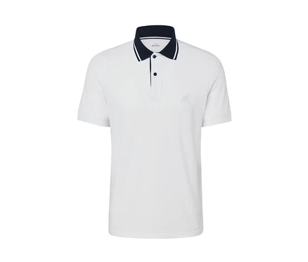 Weißes Funktions-Poloshirt mit kurzen Ärmeln und dunkelblauem Saum am Kragen.