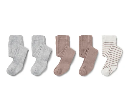 Drei Paar Baby-Strumpfhosen in Grau, Braun und gestreift.