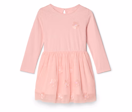 Rosa, langärmliges Kleid mit Tüllrock und Blumenapplikationen.