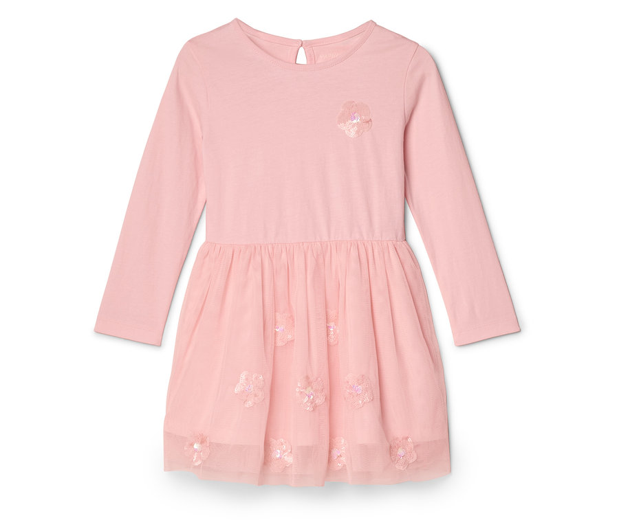 Rosa, langärmliges Kleid mit Tüllrock und Blumenapplikationen.