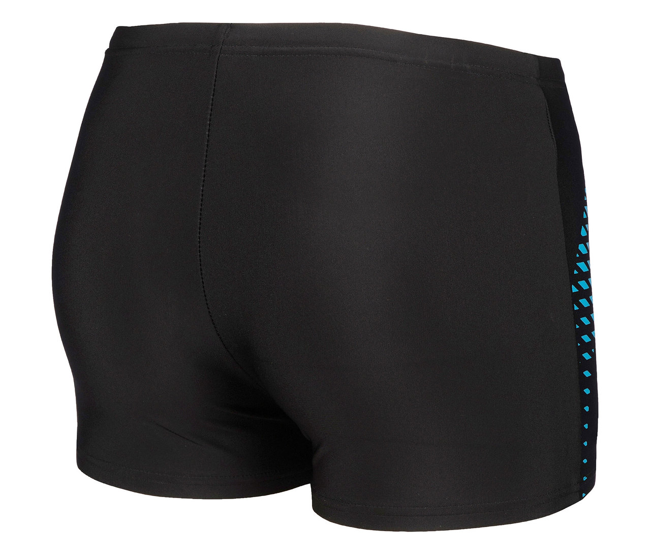 Schwarze Badehose mit blauem Muster an der Seite.