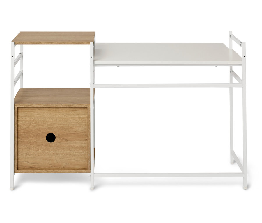 Ein Schreibtisch mit einer hellbraunen Schublade und einer weißen Tischplatte.