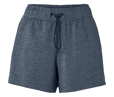 Nahaufnahme von Shorts in meliertem Dunkelblau mit Kordelzug.
